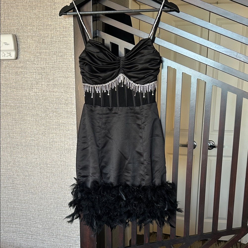 Elegant Black Feathered Mini Dress with Sparkling Accents